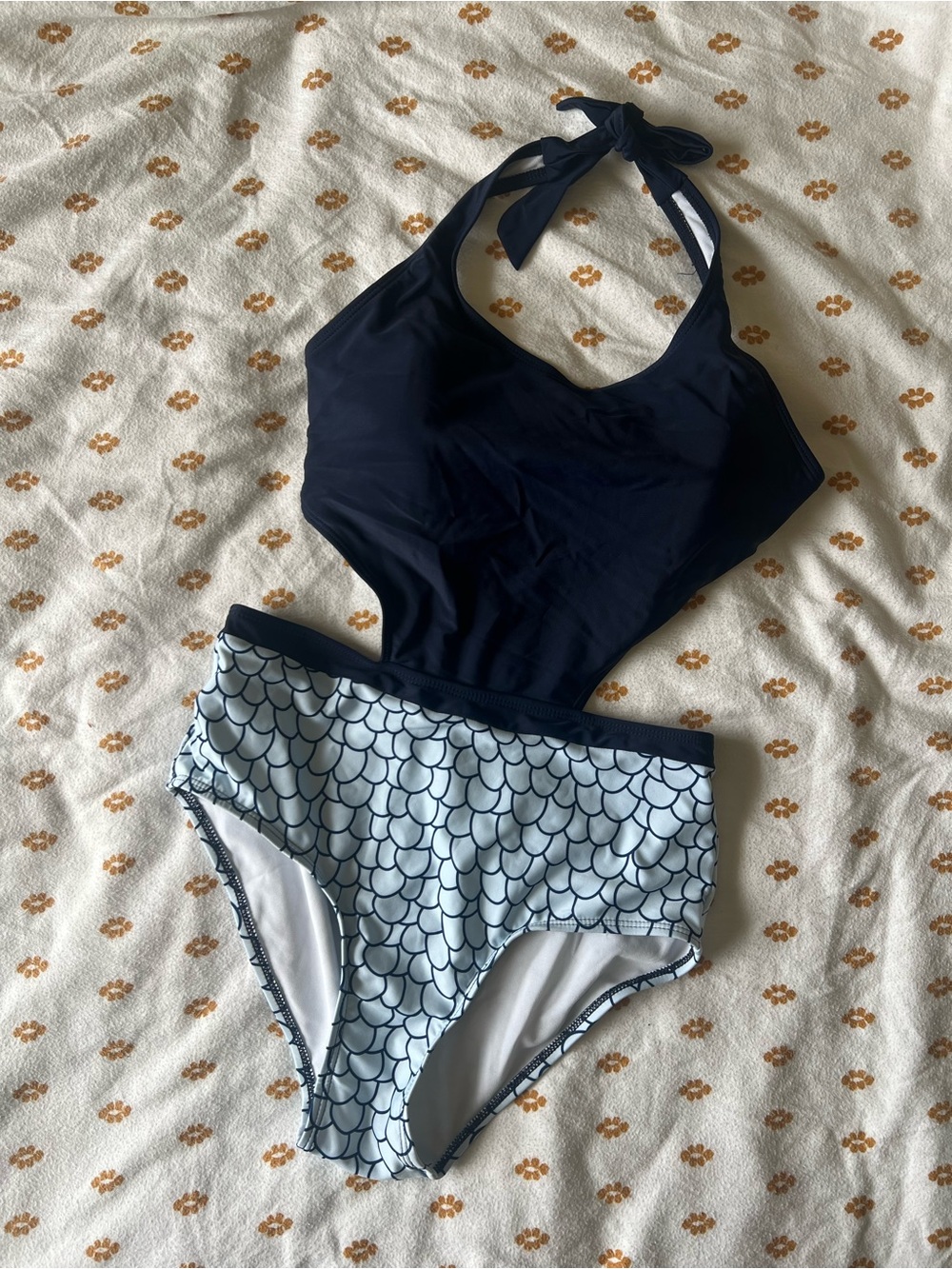 Cupshe Navy Halter One-Piece with Light Blue Scaled Print High-Waist Bottoms